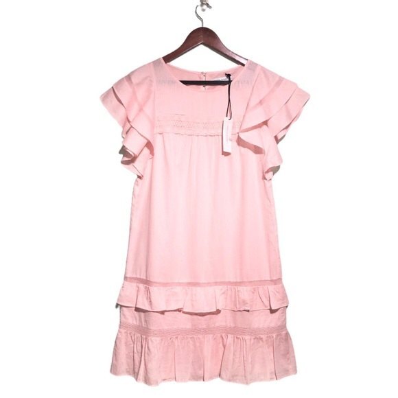 Rebecca Minkoff Pink Ilana Short Flutter Sleeve Crochet Trim Tiered Mini Dress - Picture 6 of 14